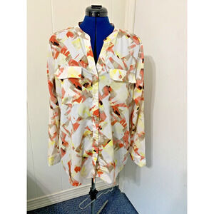 Calvin Klein Military Style Button Up Top XL Geometric Print Career Work